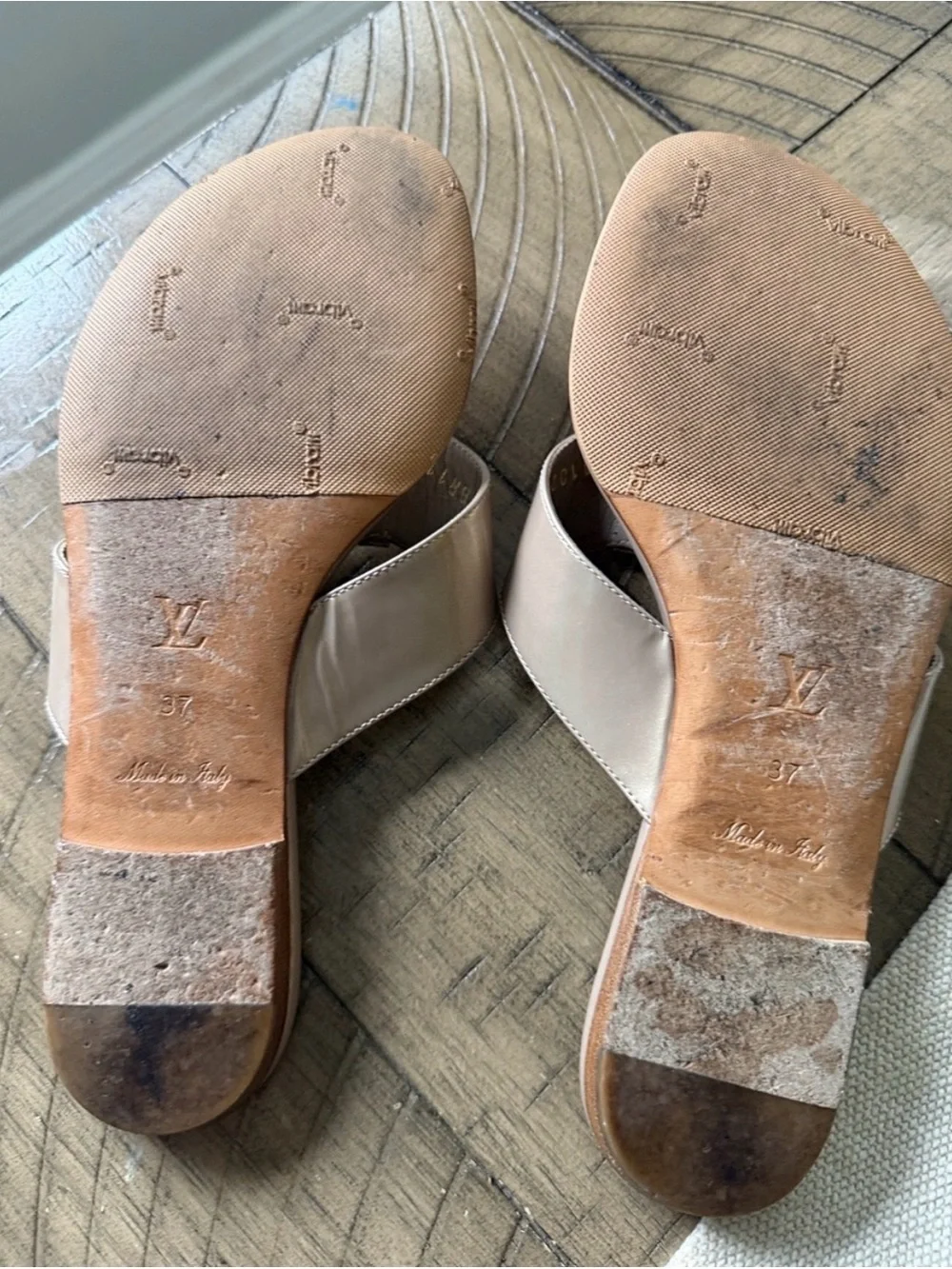 Louis Vuitton Taupe Leather Thong Sandals with Gold Trim